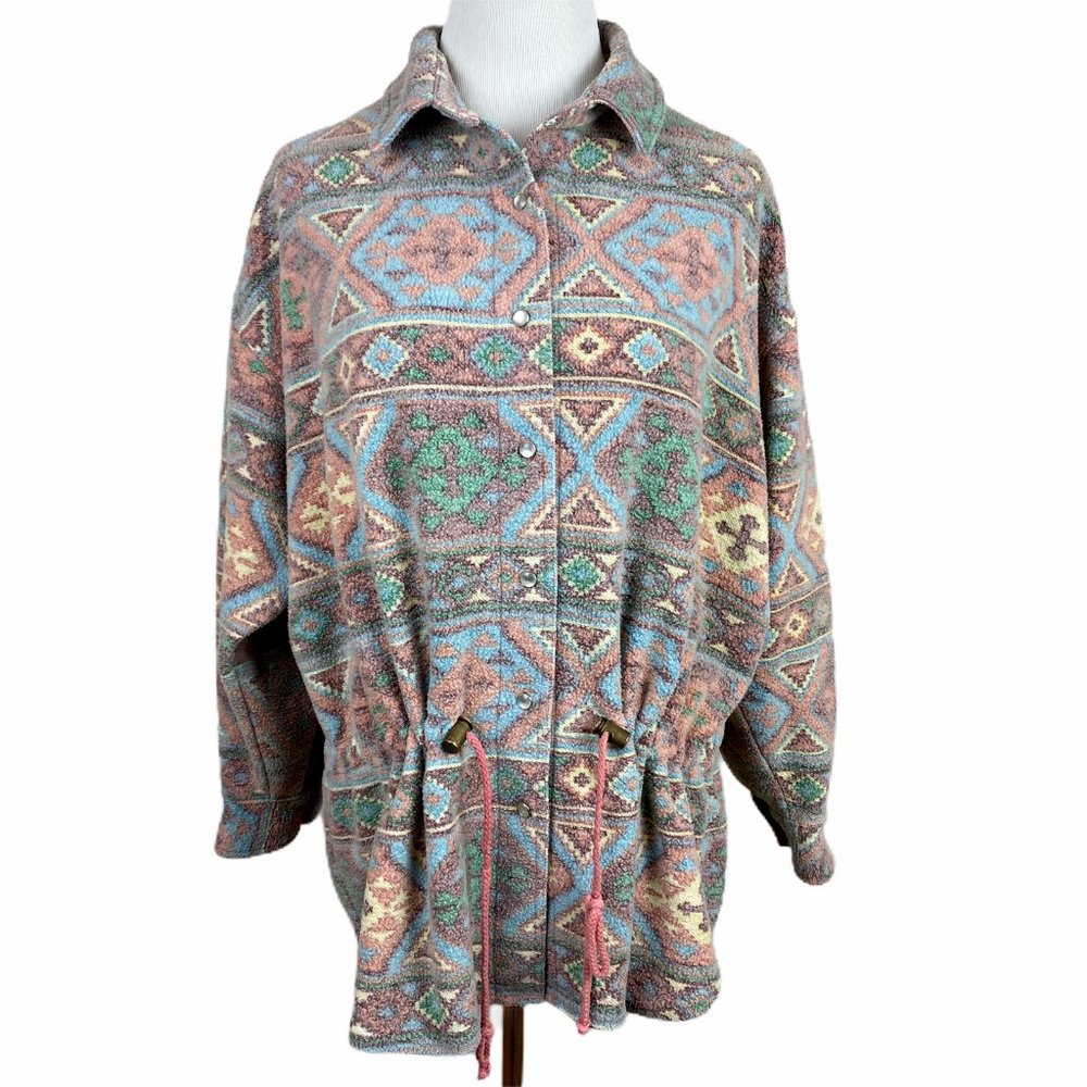 Forenza Fleece Shirt Jacket‎ L Southwestern Printed Button Up Drawstring Vintage